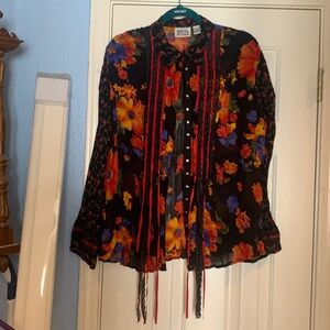 Chico's Black Floral Blouse with Red and Orange Accents
